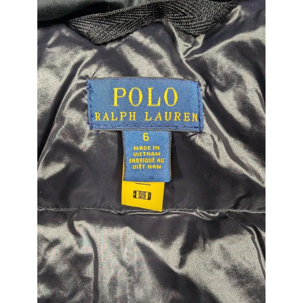 Polo Ralph Lauren Jacket Girls 6 Black Blue Hooded Puffer Snowflake Fair Isle